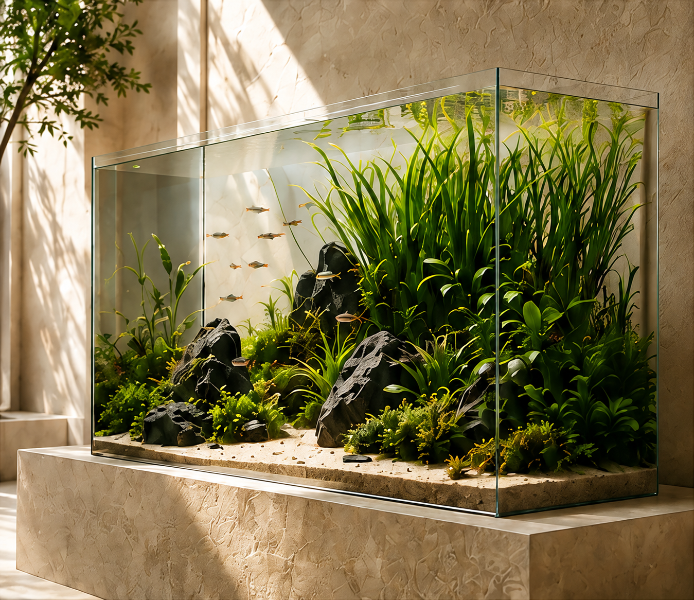 Sunlit planted freshwater aquarium on a pale stone plinth