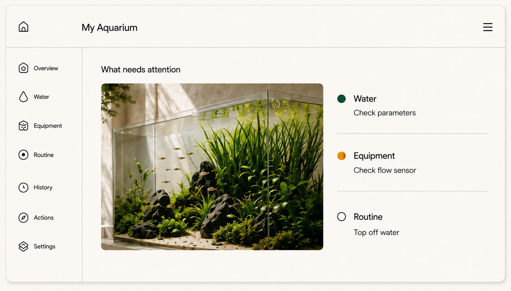 Browser or built-in monitor interface illustration with simulated aquarium information; not live readings