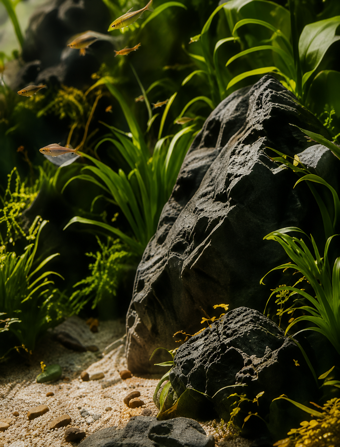Detail of green aquatic plants, dark rocks and pale sand