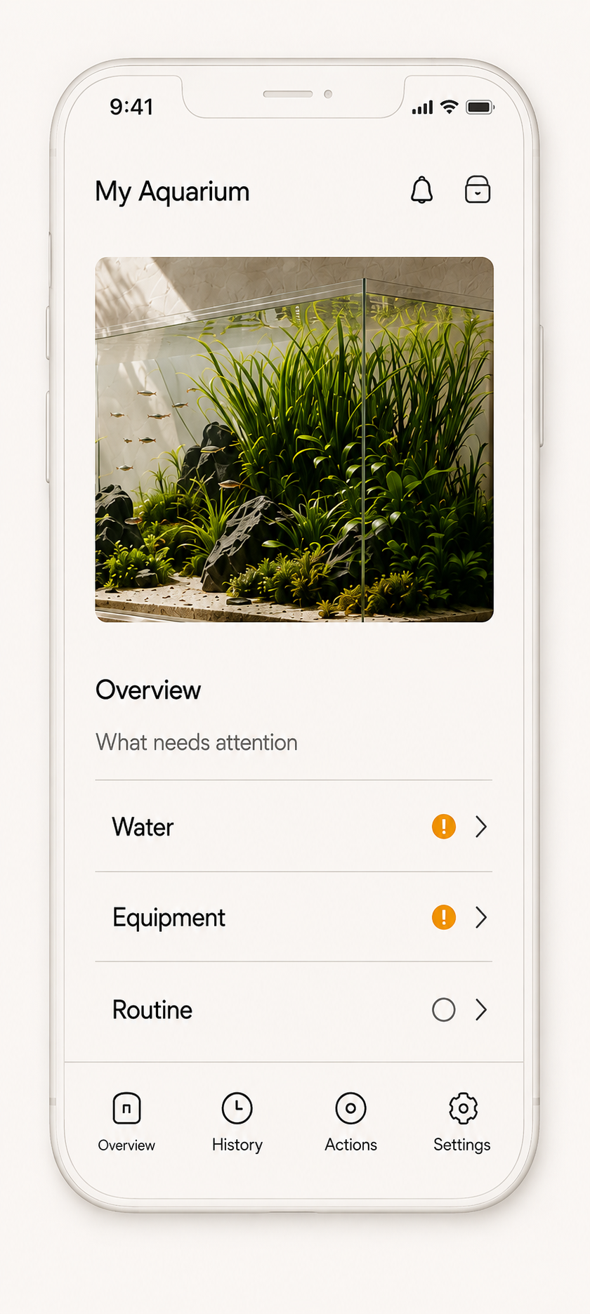 Phone interface illustration with simulated aquarium overview and example attention indicators; not a working customer app